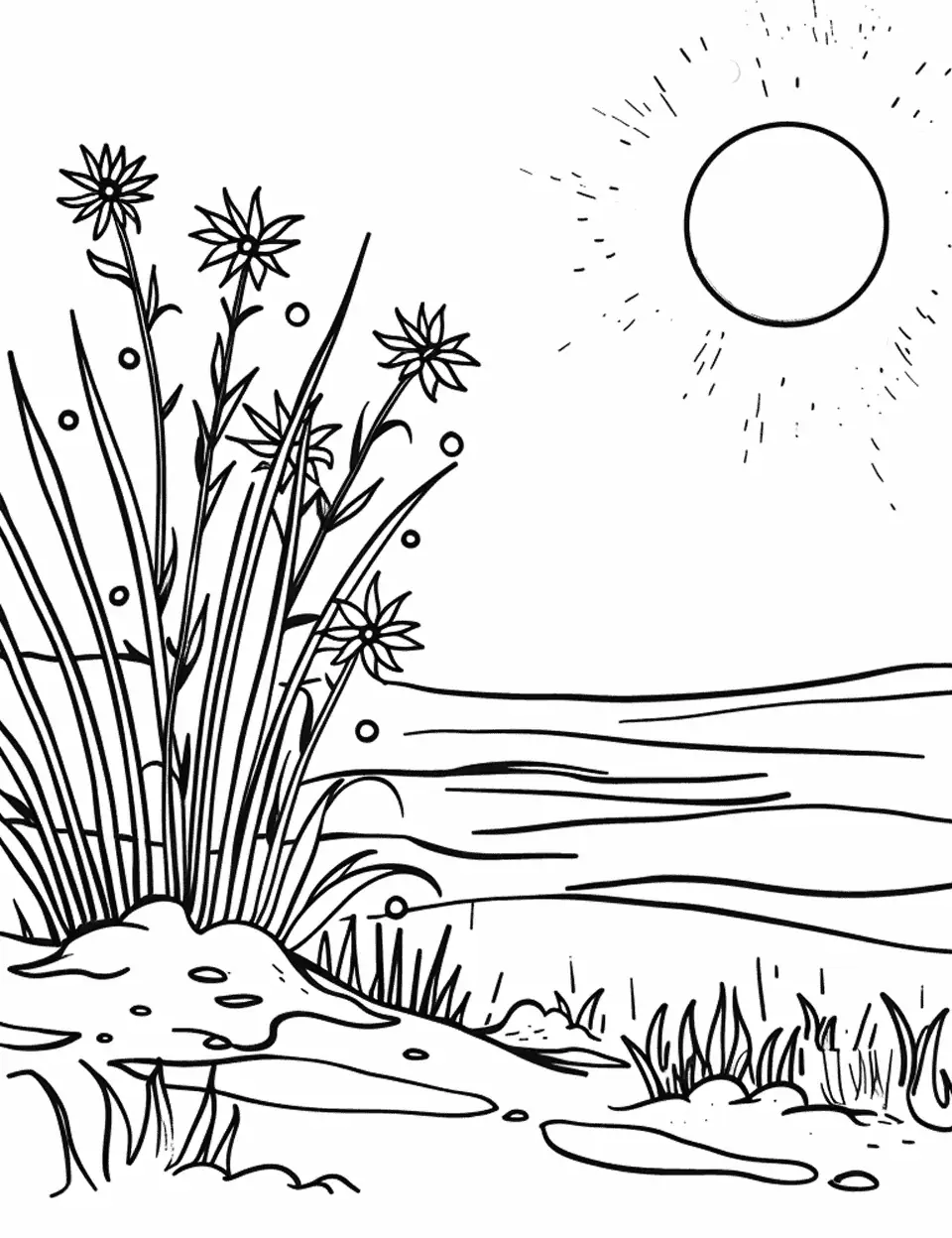 Spring Sun Melting Snow Coloring Page - The warm spring sun melting the last bits of snow, revealing grass beneath.