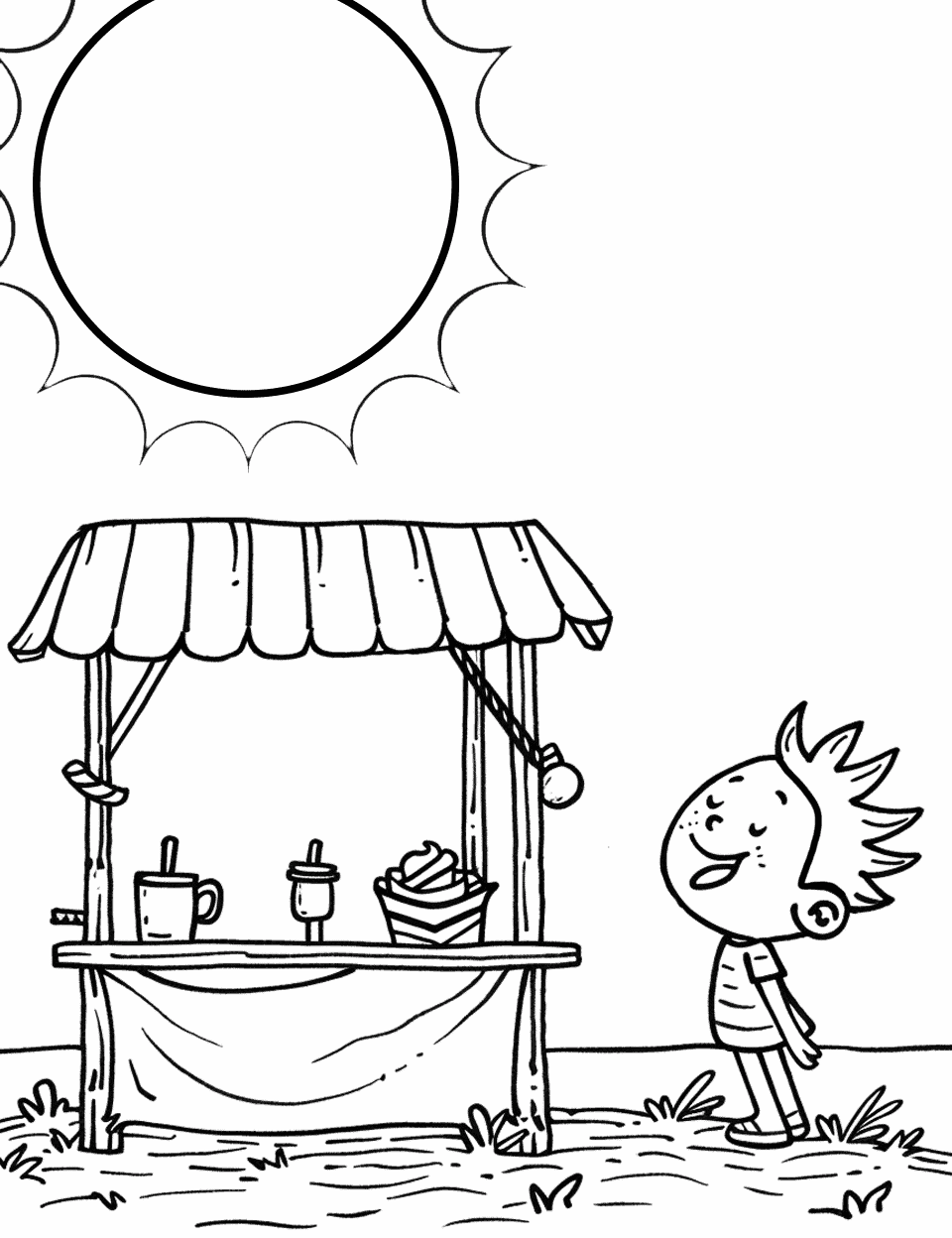 Summer Sun and Lemonade Stand Coloring Page - A child running a lemonade stand under the hot summer sun.