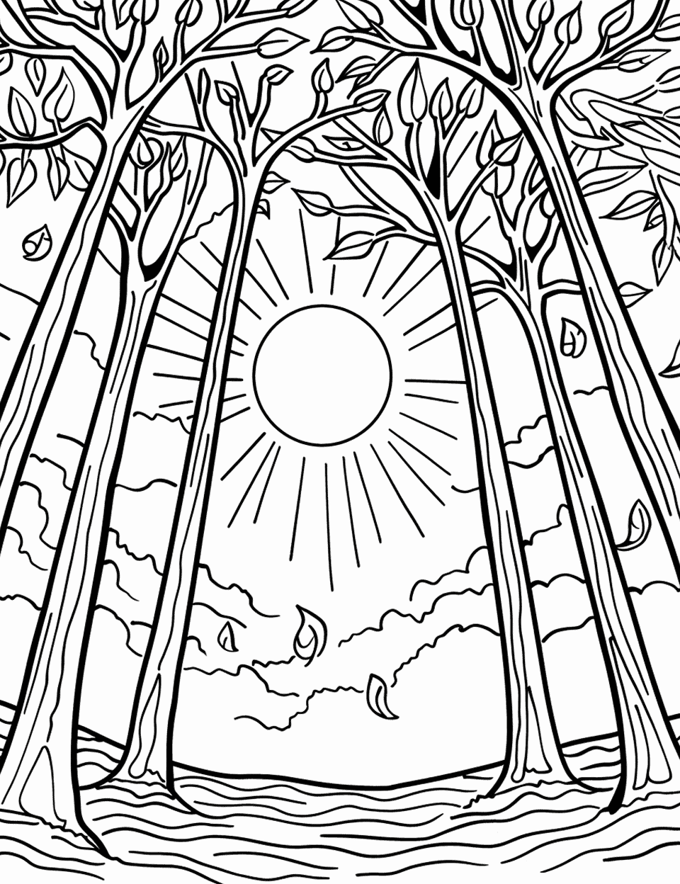 Autumn Sun Through Trees Coloring Page - The autumn sun peeking through the leaves of a forest.