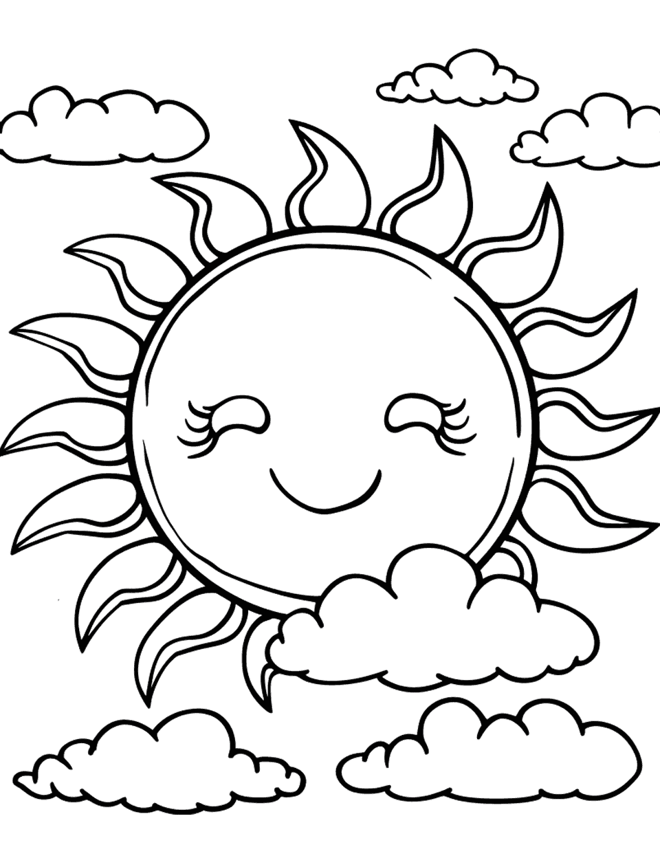 Cute Sun and Clouds Coloring Page - A cheerful sun with a cute face, surrounded by fluffy clouds.