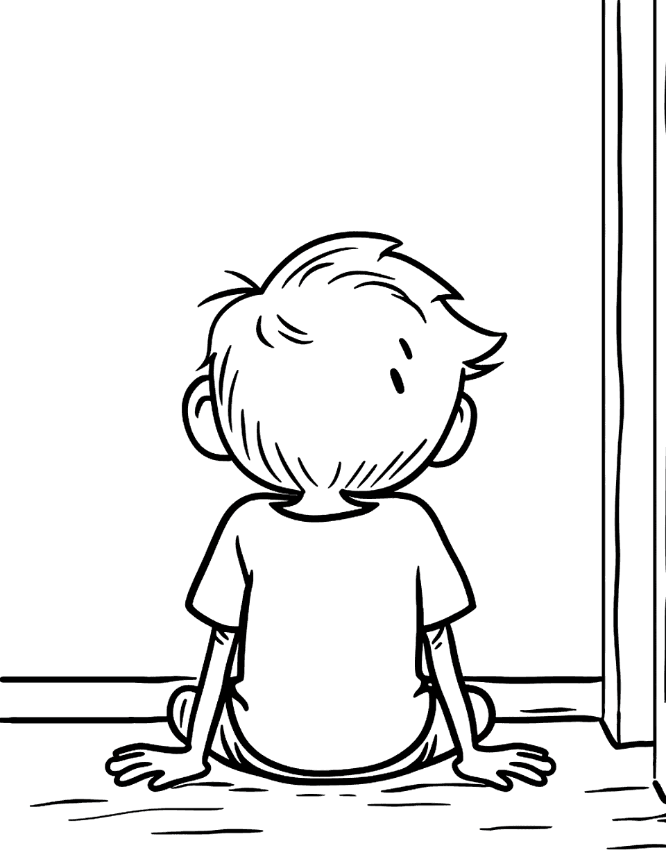 Boy in His Room Toddler Coloring Page - A young boy sitting on the floor in his bedroom.