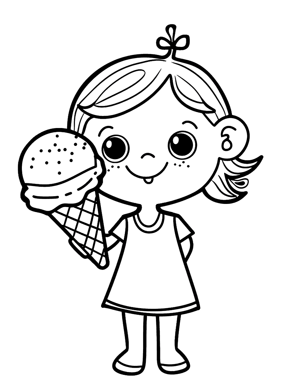 Girl with an Ice Cream Toddler Coloring Page - A girl holding an ice cream cone, with a wide smile on her face.