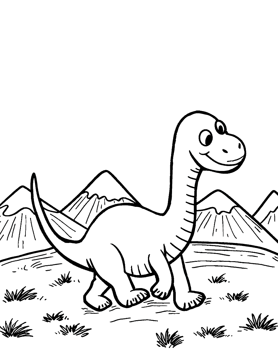 Dinosaur Roaming the Land Toddler Coloring Page - A friendly dinosaur walking through a plain with mountains in the background.