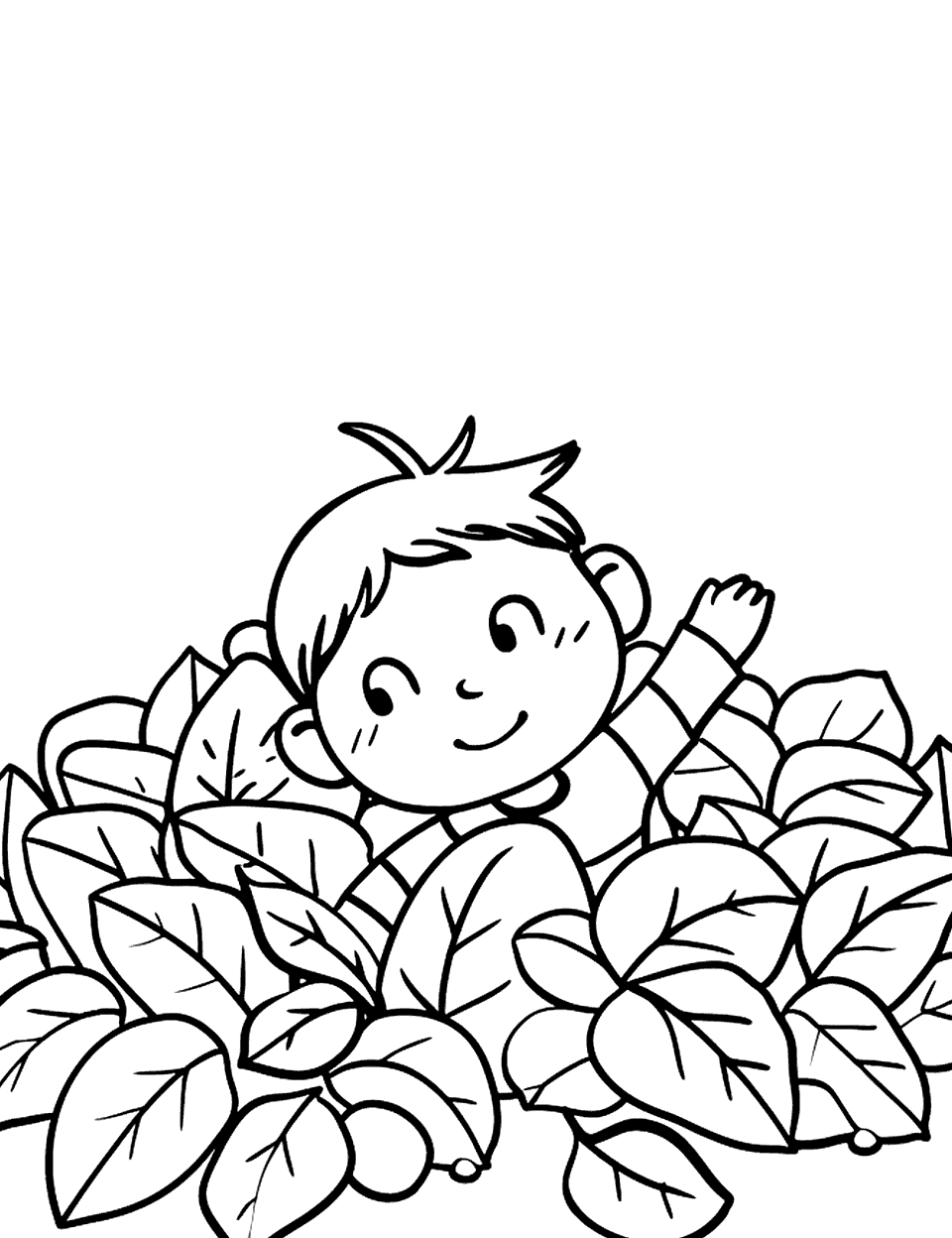 Fall Leaves Collection Toddler Coloring Page - A child playing in a pile of fall leaves.