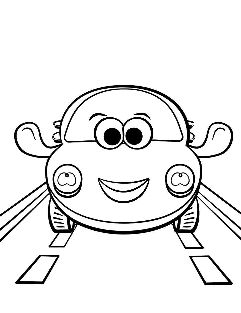 Car Racing Adventure Toddler Coloring Page - A cartoonish car with a big smile, racing down a straight road.