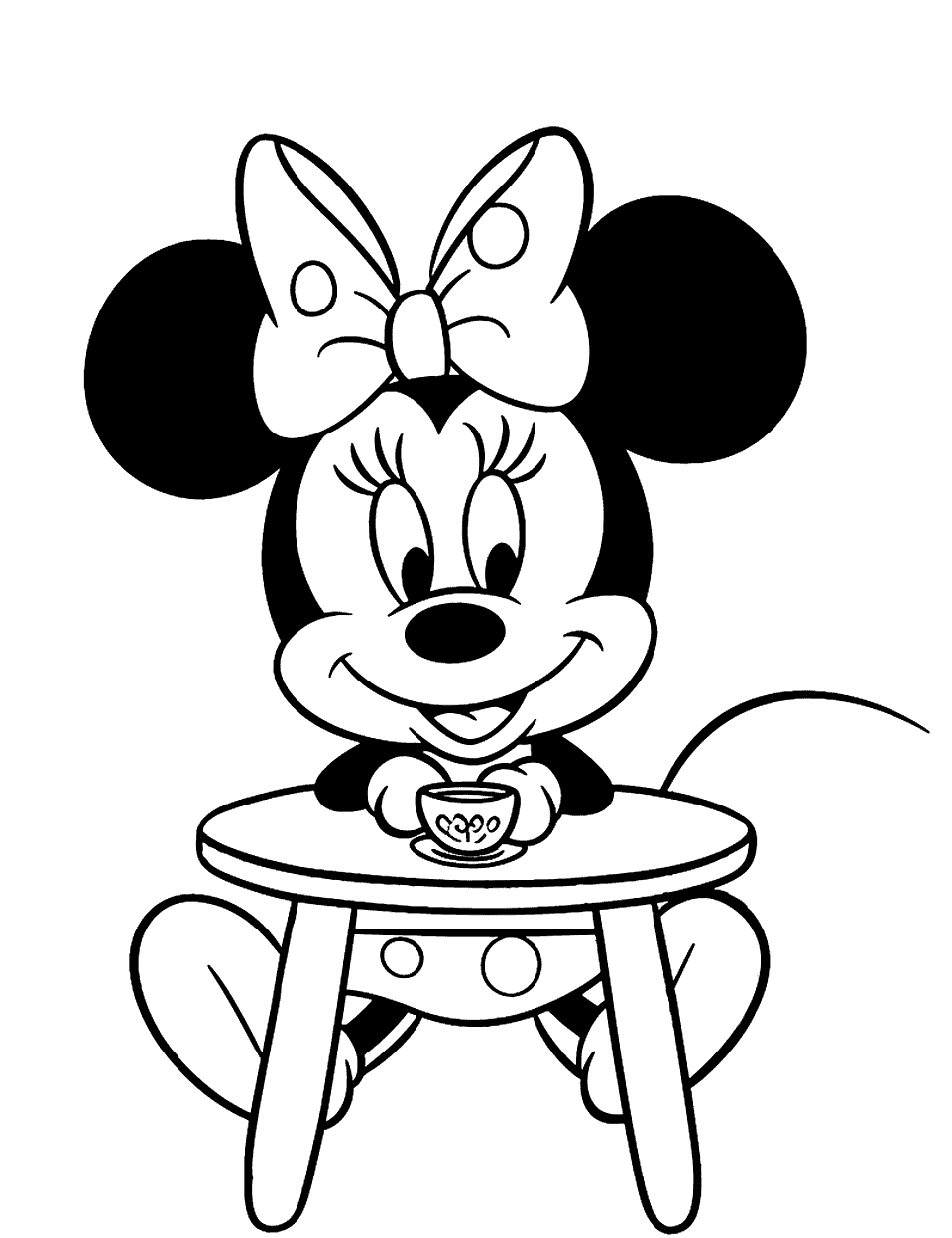 Minnie Mouse's Tea Party Toddler Coloring Page - Minnie Mouse sitting at a small table.