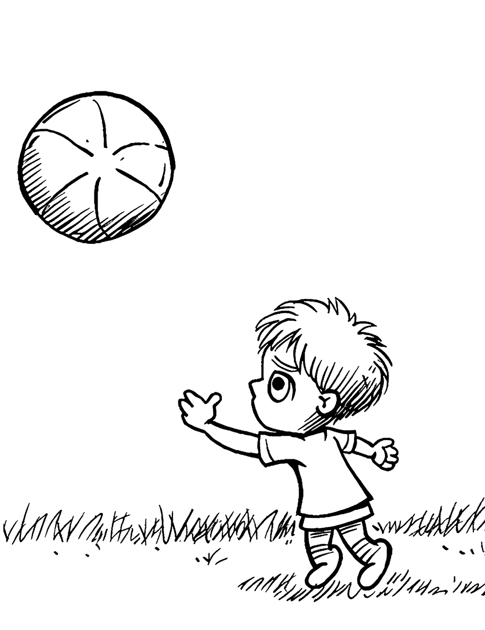 Playtime with a Ball Toddler Coloring Page - A toddler chasing a large ball in an open space.
