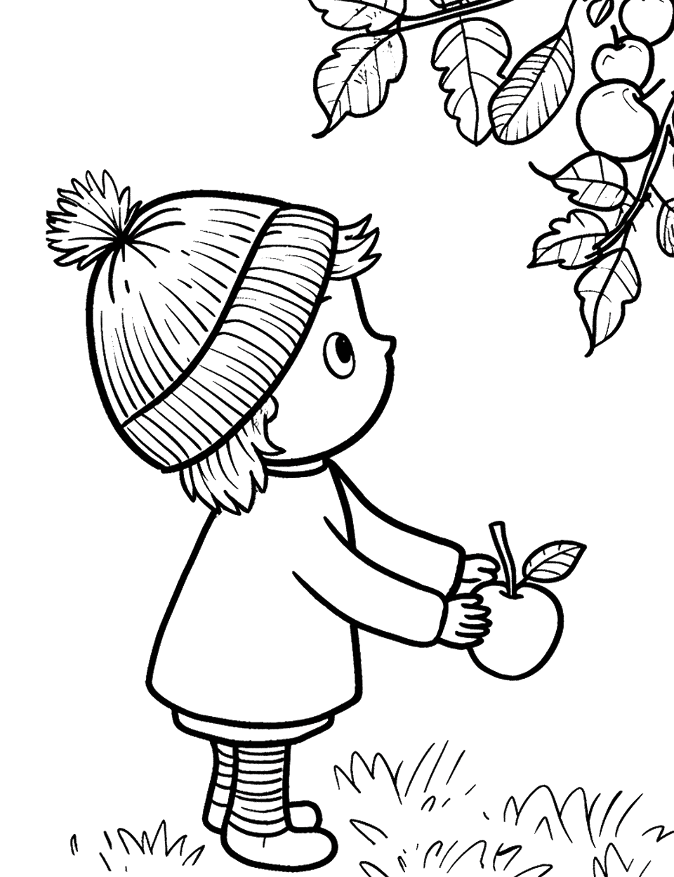 Autumn Harvest Festival Toddler Coloring Page - A child picking apples from a low branch in an orchard.