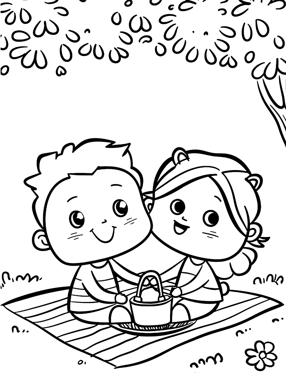 Summer Picnic Fun Toddler Coloring Page - A family sitting on a blanket in the park for a picnic.