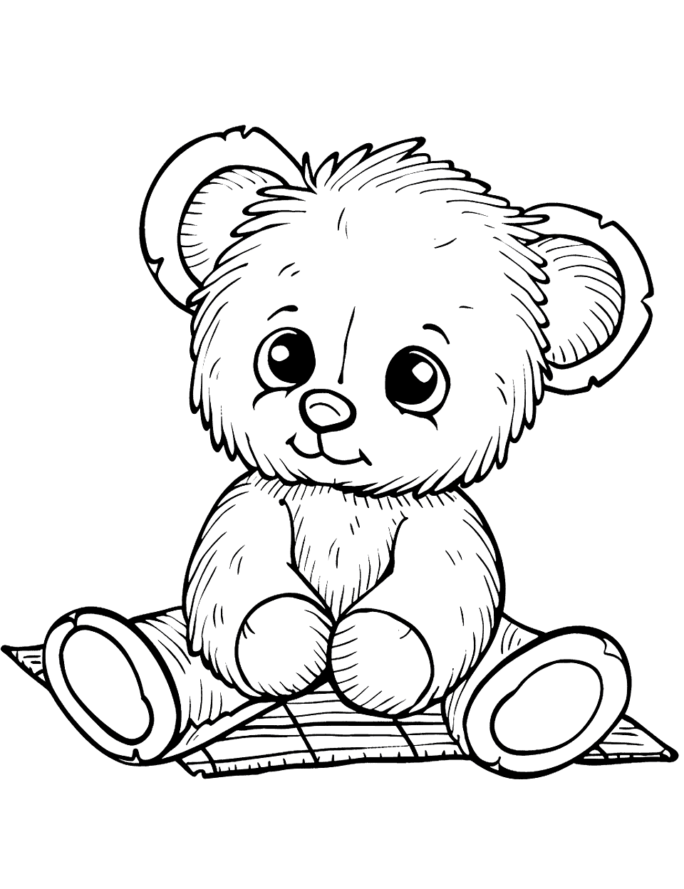 Teddy Bear Picnic Toddler Coloring Page - A teddy bear sitting on a picnic blanket.