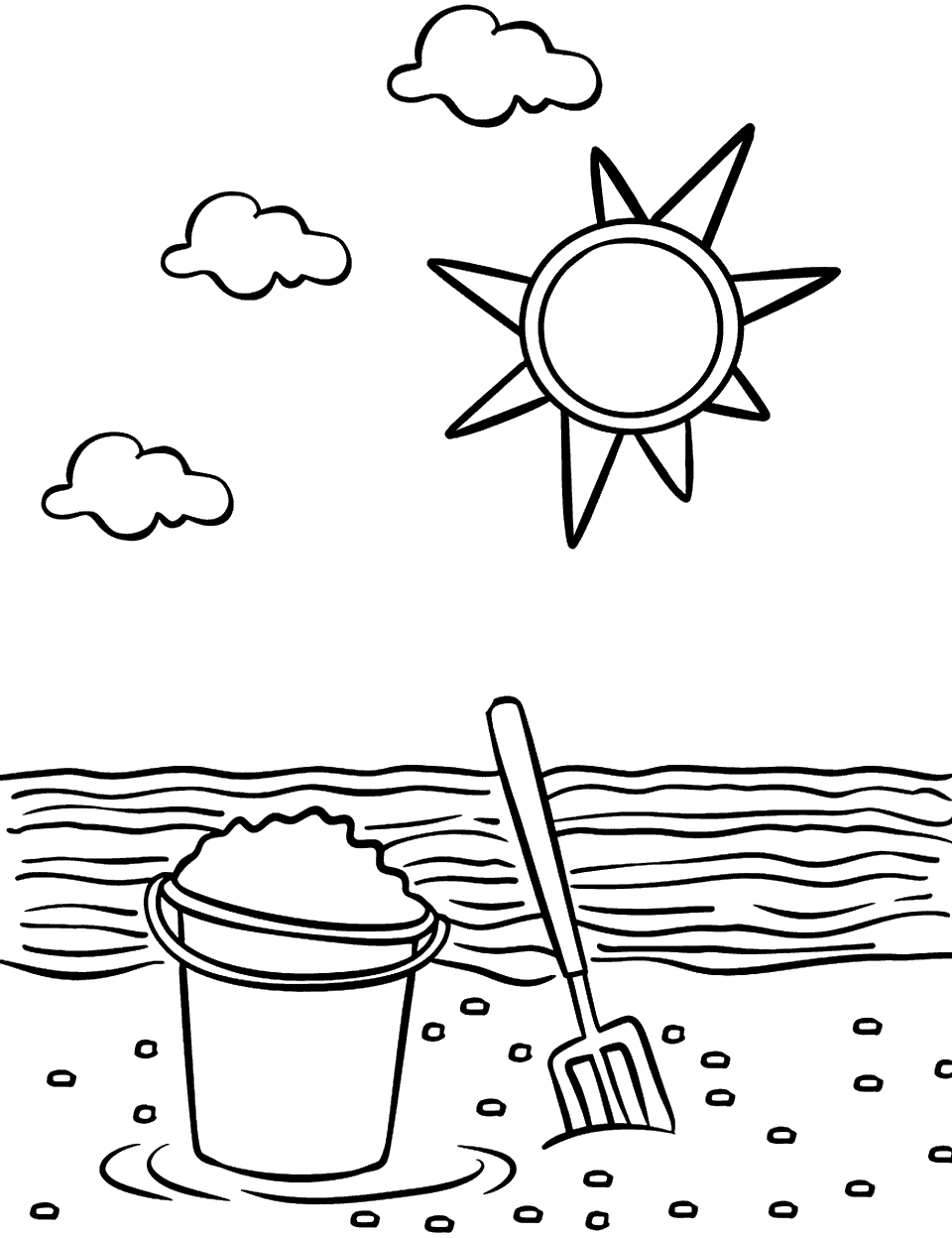 Sunny Beach Day Toddler Coloring Page - A simple scene of a beach with a sun in the sky, a bucket, and a spade.