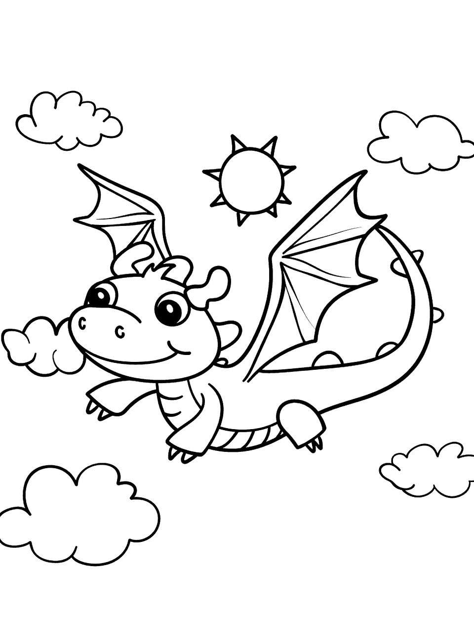Friendly Dragon in the Clouds Toddler Coloring Page - A cartoon dragon flying through the sky, with clouds and a sun.