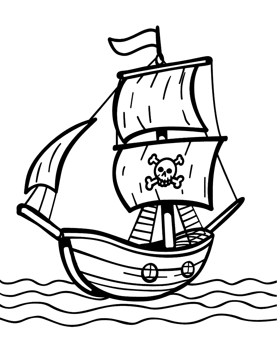 Pirate Ship Adventure Toddler Coloring Page - A pirate ship on calm seas, with a single pirate flag waving.