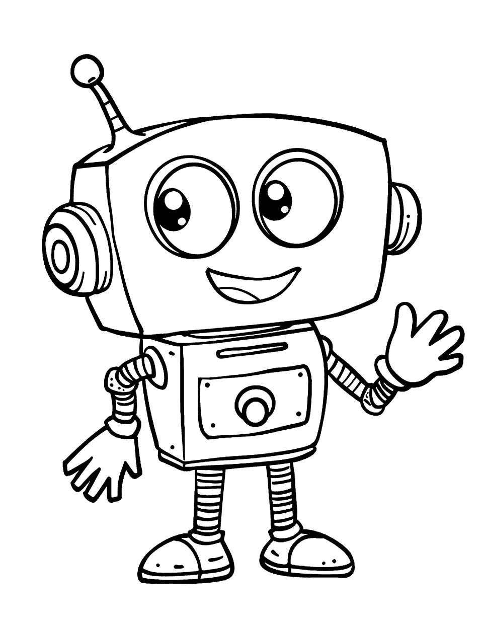 Robot Friend Toddler Coloring Page - A cartoonish robot with a big smile, waving hello.