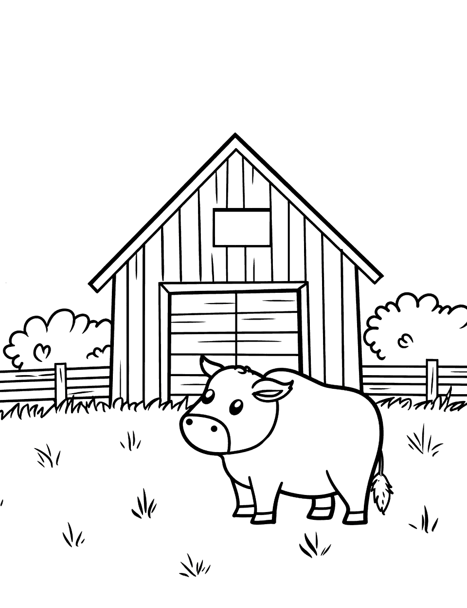 Farm Life Toddler Coloring Page - A simple scene of a barn with a single cow in front.