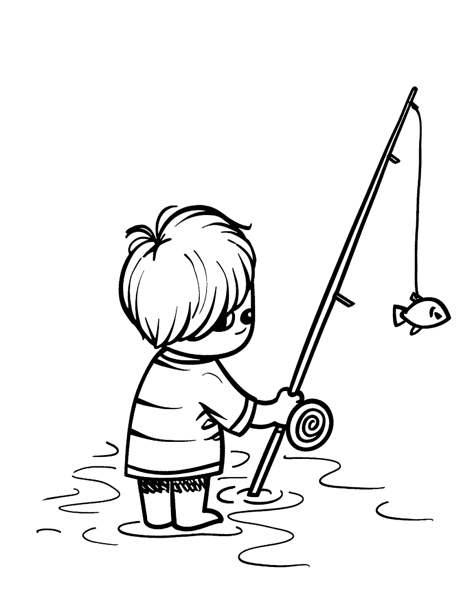 Fishing at the Pond Toddler Coloring Page - A child with a fishing pole at a pond, with a fish on the line.