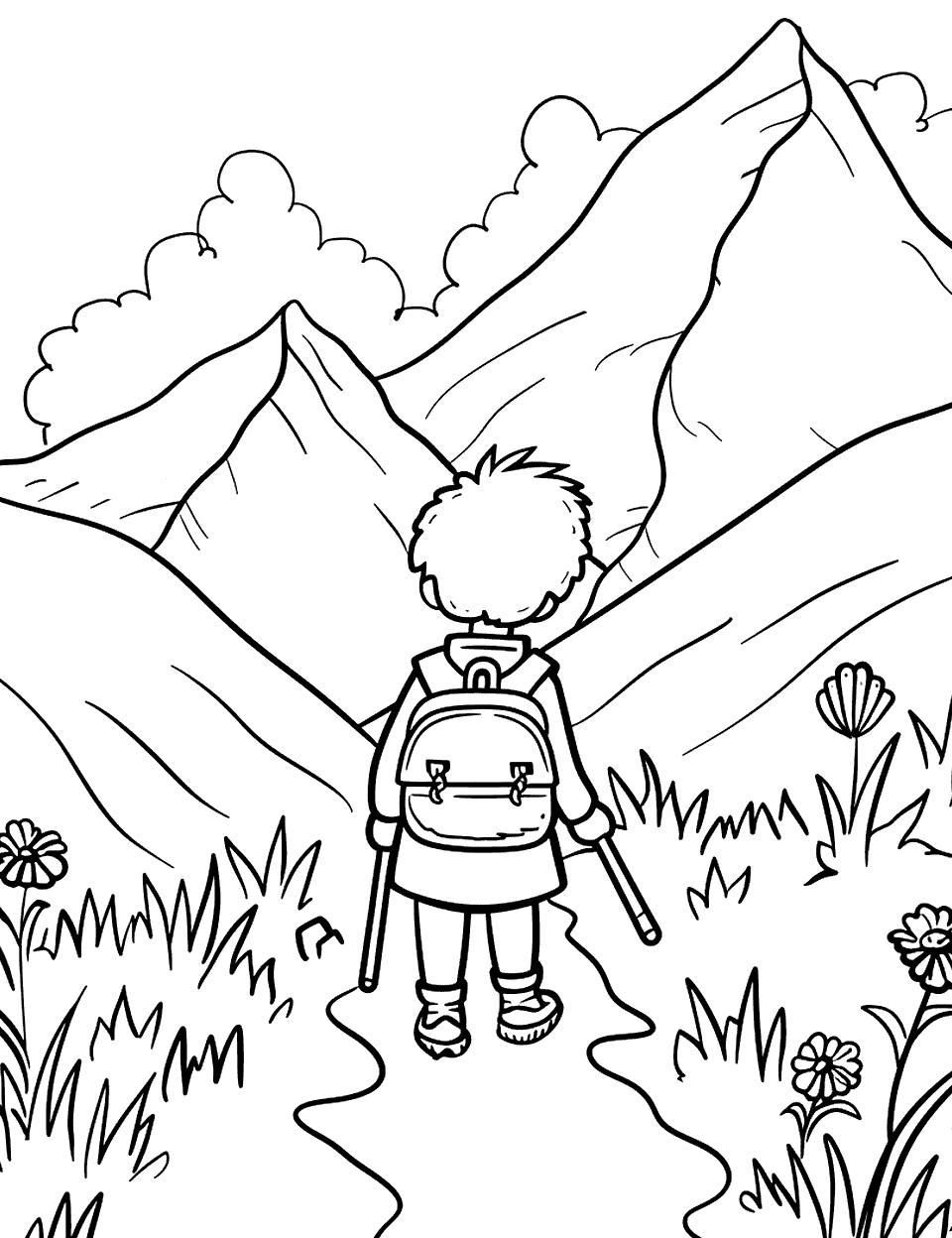 Mountain Hiking Toddler Coloring Page - A simple mountain path with a child standing at the beginning, ready to explore.