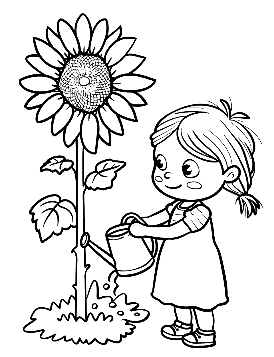 Garden Helper Toddler Coloring Page - A child watering a single, large sunflower in a garden.