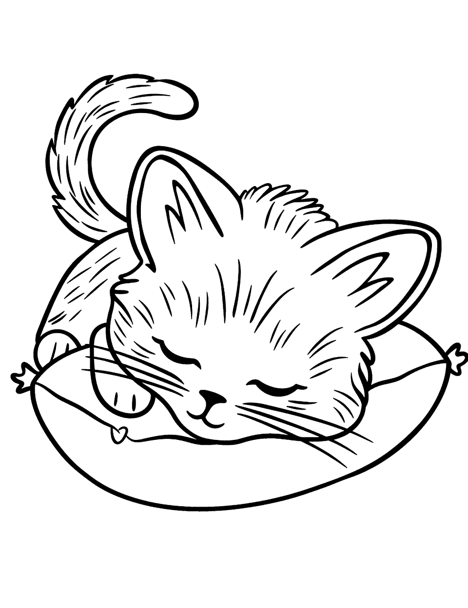 Sleepy Kitten Toddler Coloring Page - A cute kitten curled up and sleeping on a soft cushion.