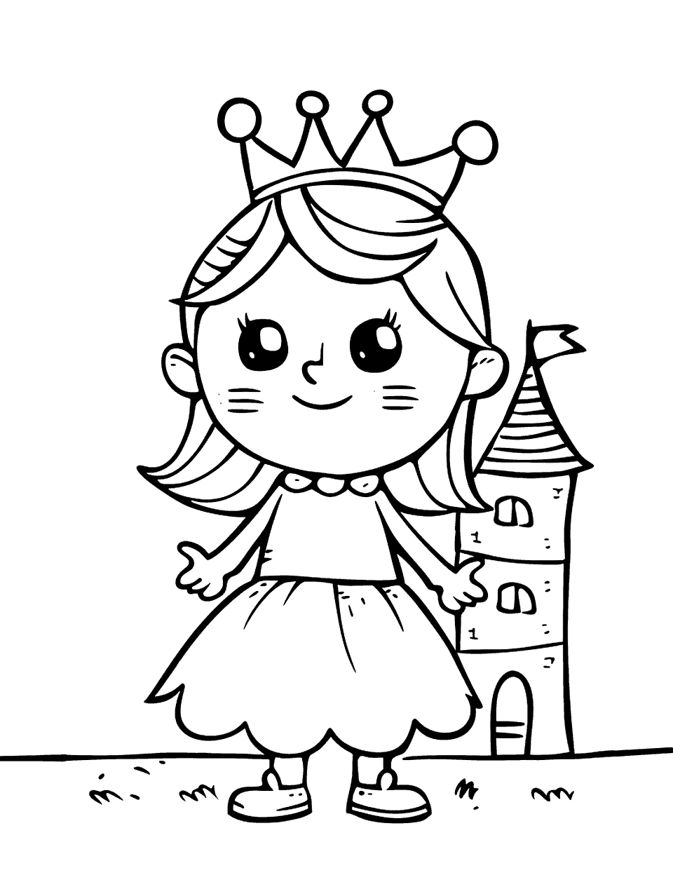 Princess Castle Toddler Coloring Page - A smiling princess standing in front of a small, simple castle.