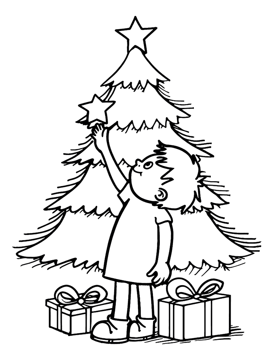 Christmas Tree Decorating Toddler Coloring Page - A child reaches up to put a star on top of a Christmas tree, with presents underneath.
