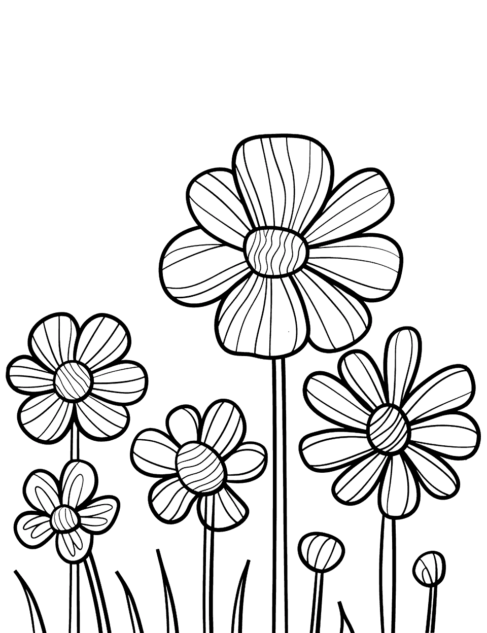 Blooming Flower Garden Toddler Coloring Page - Several large, simple flowers blooming in a garden.
