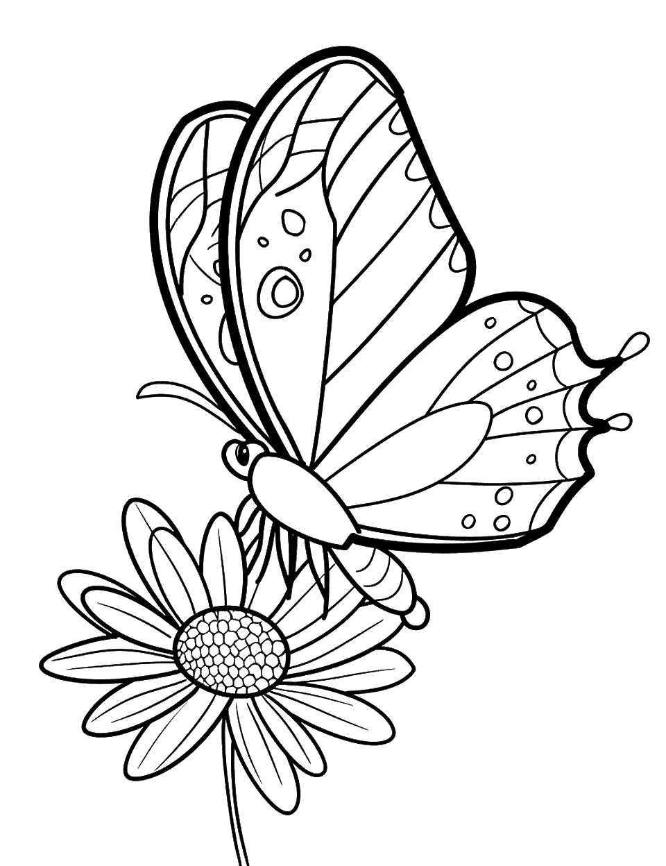 Butterfly Landing on a Flower Toddler Coloring Page - A large butterfly landing gently on a flower.