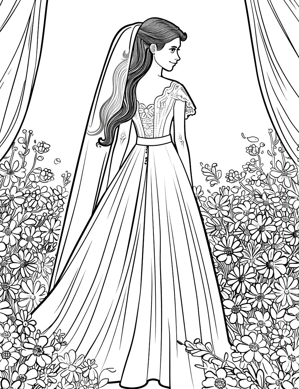 Bride Walking Down the Aisle Wedding Coloring Page - A bride in a flowing dress with a long veil, walking down a flower-lined aisle.