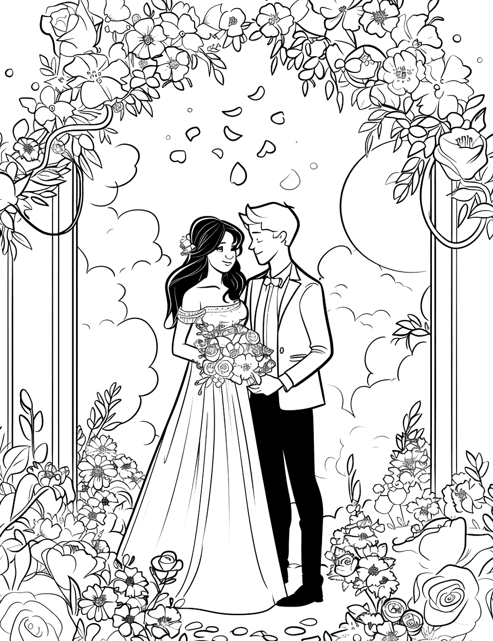 Garden Wedding Bliss Coloring Page - A couple saying their vows in a lush garden full of flowers.
