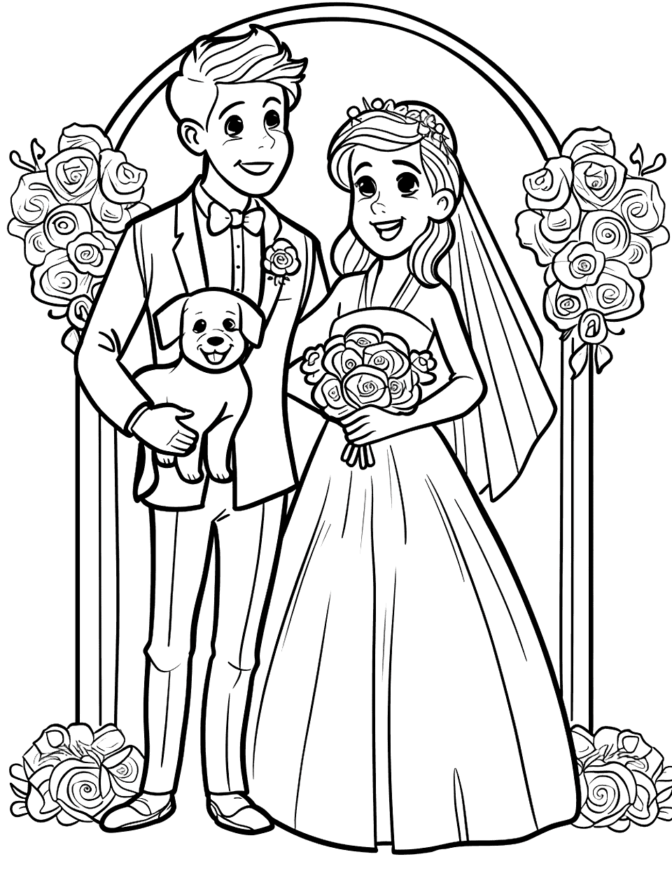 Precious Moments with Pets Wedding Coloring Page - A bride and groom posing with their dog.