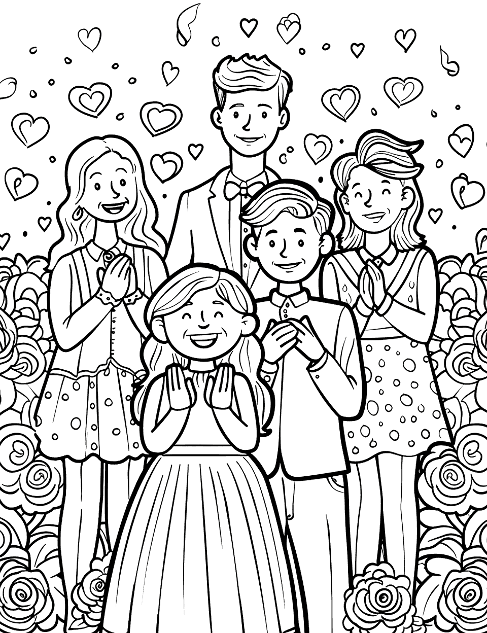 Wedding Guest Joy Coloring Page - Children and adults in festive attire, clapping and smiling at the ceremony.