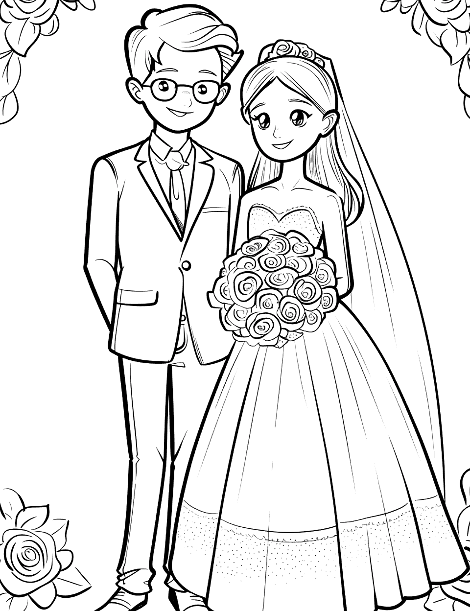 Anime-Style Newlyweds Wedding Coloring Page - An anime-inspired bride and groom, with exaggerated cute features.