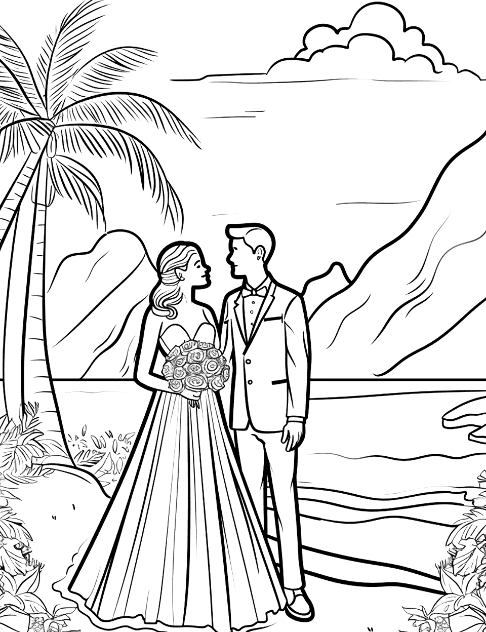 Destination Wedding Adventure Coloring Page - A couple celebrating their wedding at an exotic location with mountains in the background.