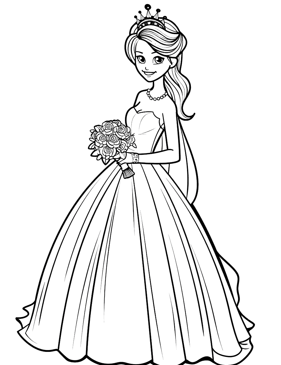 Princess-Themed Bride Wedding Coloring Page - A bride dressed as a princess, complete with a tiara and a magical gown.