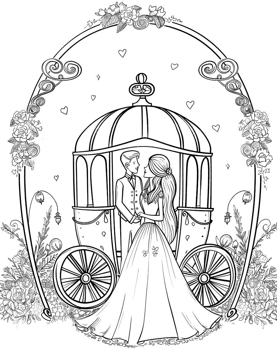 Fairy Tale Carriage Wedding Coloring Page - A fantasy carriage waiting to whisk the bride and groom away, drawn in a whimsical style.