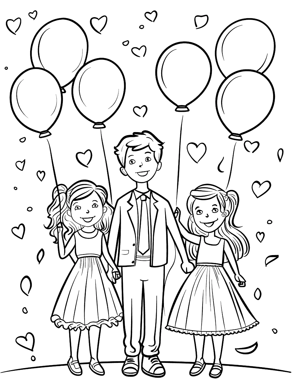 Balloon Release Celebration Wedding Coloring Page - Kids releasing balloons into the sky at a wedding reception.