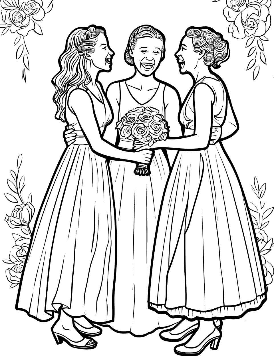 Getting Ready with Bridesmaids Wedding Coloring Page - A bride and her bridesmaids getting dressed and laughing together.