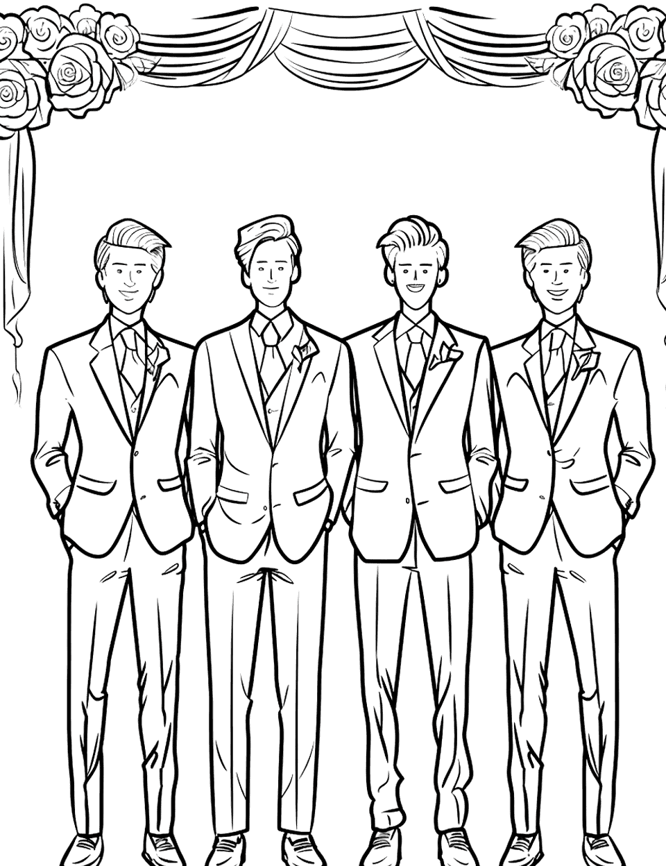 Groomsmen Shenanigans Wedding Coloring Page - Groomsmen in matching suits, striking dashing poses.