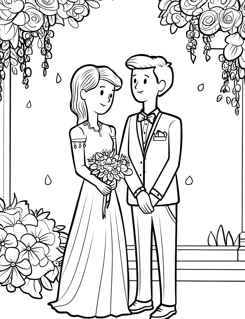 Groom and Bride at the Altar Wedding Coloring Page - Groom and Bride standing at the altar and the bride with a bouquet of flowers.