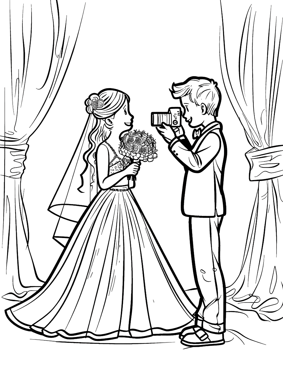 Wedding Photographer at Work Coloring Page - A photographer, taking close pictures of the bride.