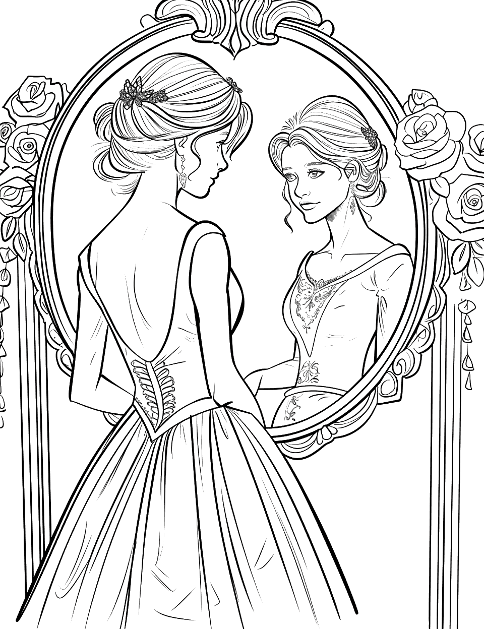 Realistic Bride Portrait Wedding Coloring Page - A detailed, realistic drawing of a bride looking into a mirror.