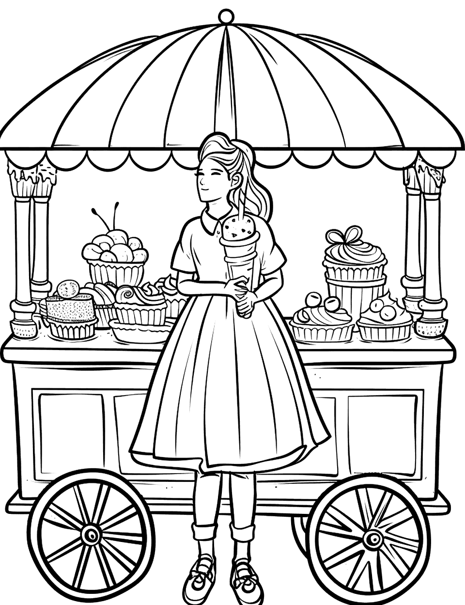 Ice Cream Cart at the Reception Wedding Coloring Page - A festive ice cream cart ready to serve treats to guests at an outdoor wedding.