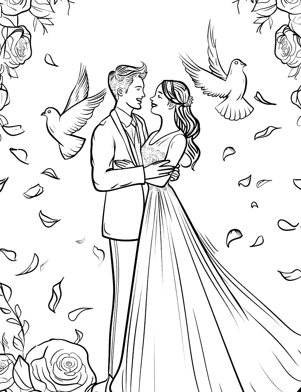 Dove Release Moment Wedding Coloring Page - A pair of doves flying away from a couple at their wedding.