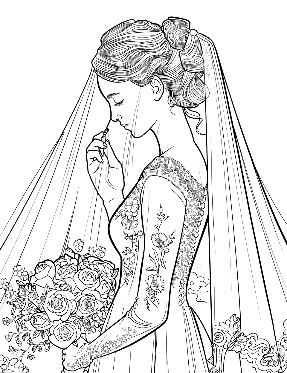 Bridal Veil Elegance Wedding Coloring Page - A close-up of a bride and her delicate veil.