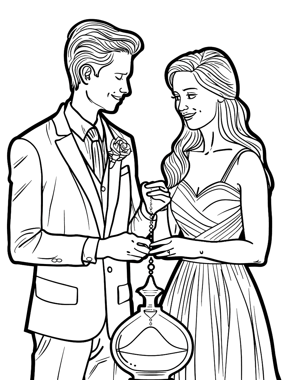 Sand Ceremony Symbolism Wedding Coloring Page - A couple pouring sands into a single vase.