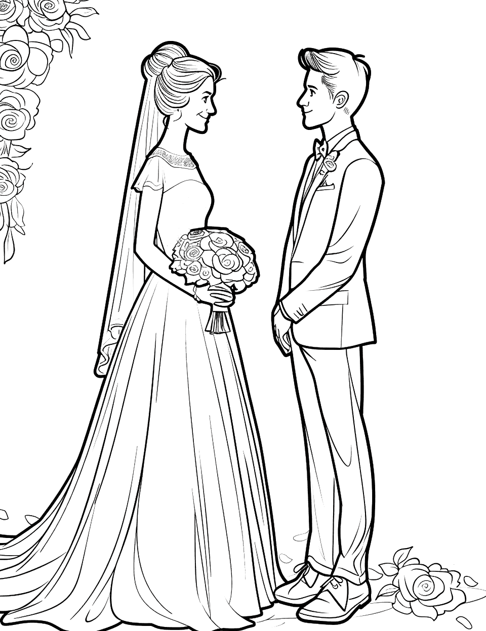Bride and Groom's First Look Wedding Coloring Page - A bride and groom seeing each other for the first time on their wedding day.