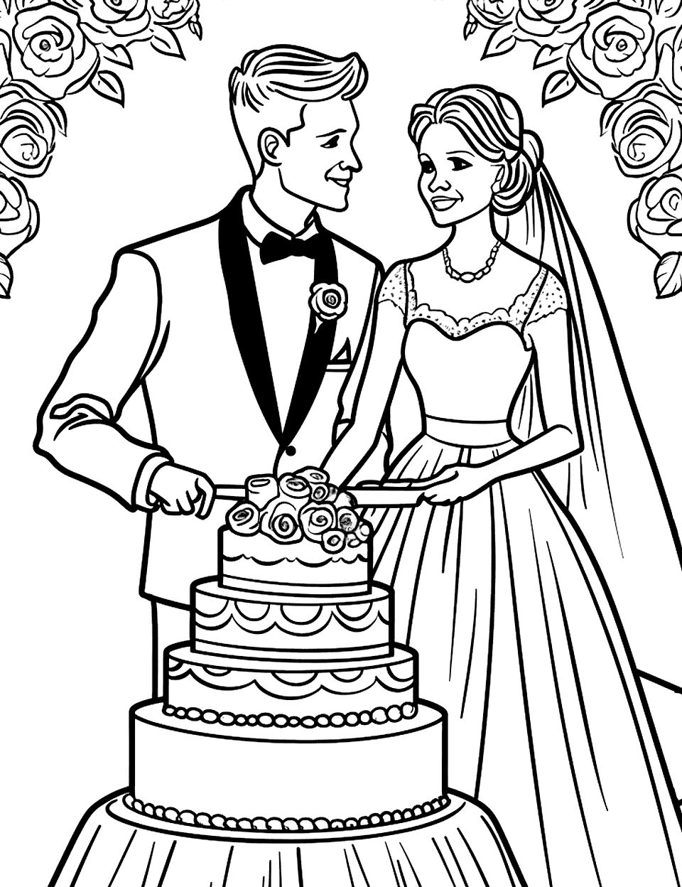 Cake Cutting Ceremony Wedding Coloring Page - A bride and groom cutting a beautifully decorated wedding cake together.