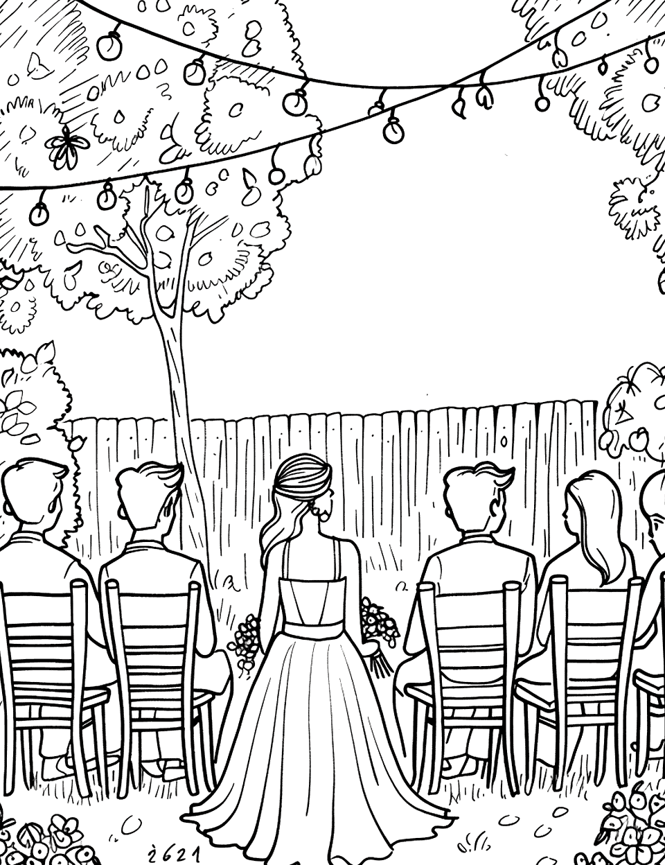 Simple Backyard Wedding Coloring Page - A casual wedding with guests seated in a simple, decorated backyard.