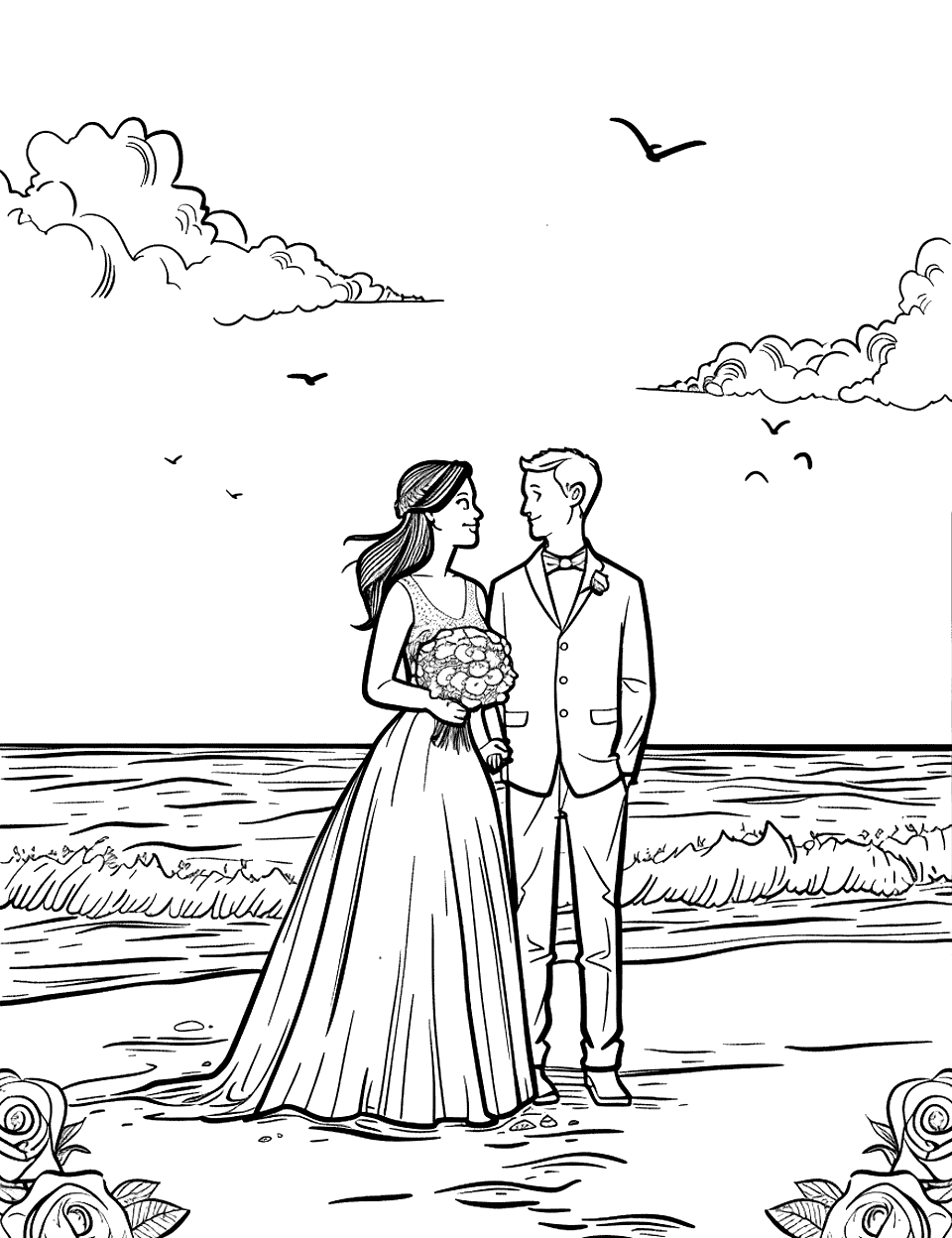 Beach Wedding Ceremony Coloring Page - A couple exchanging vows on a sandy beach with the ocean in the background.