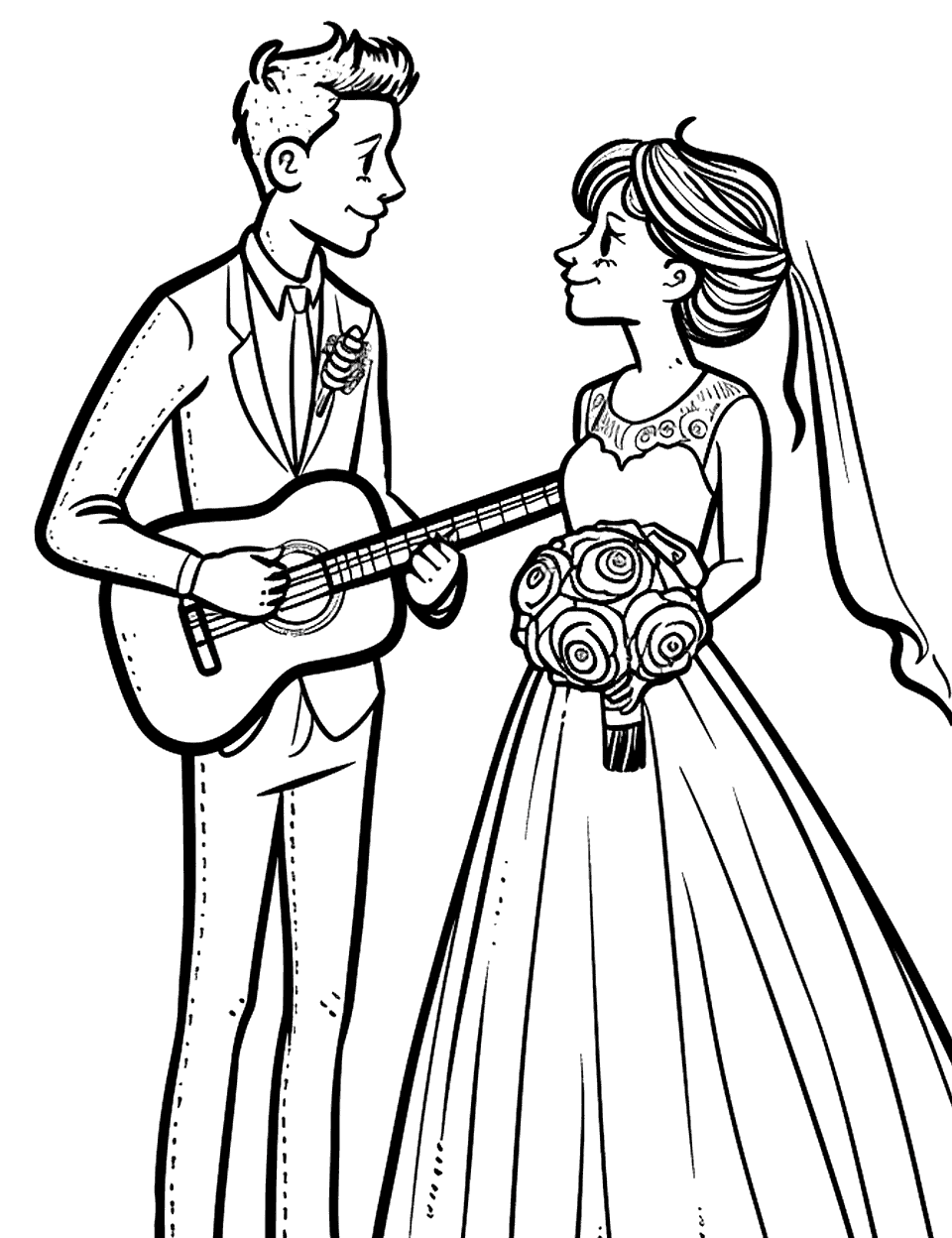 Groom Playing Guitar Wedding Coloring Page - A groom serenading his bride with a guitar at the reception.
